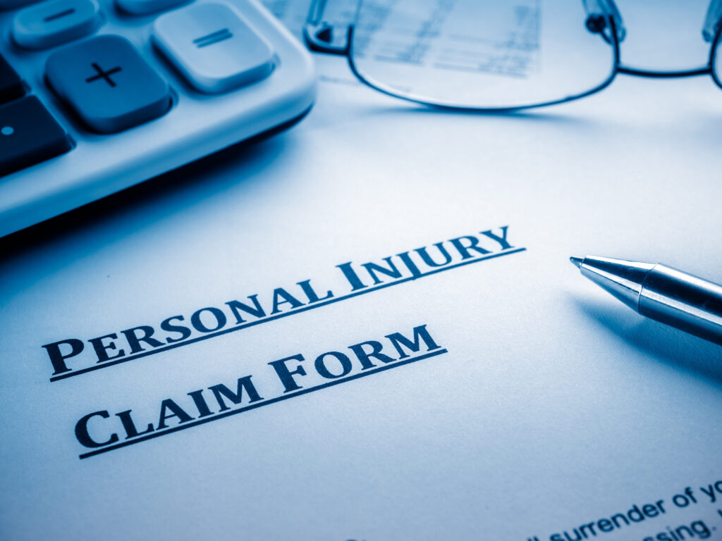 personal injury claim form on desk.