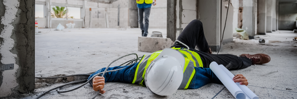 Construction accident. Accident at work, an Asian engineer or electrician is electrocuted to the ground.